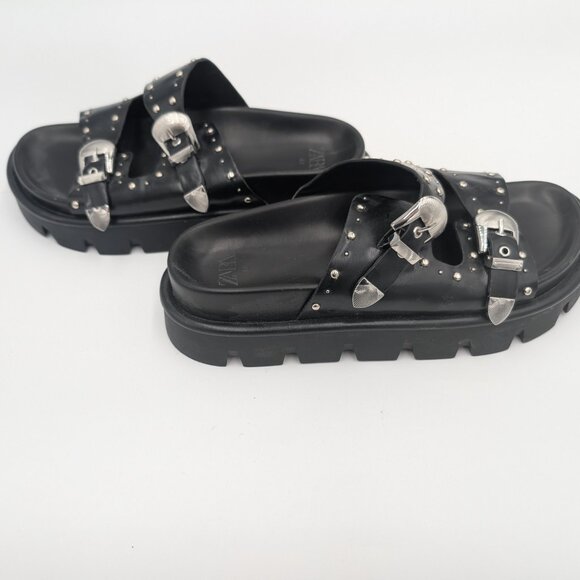Zara Black Studded Leather Slide Sandals with Silver Buckles 40 - Picture 3 of 3
